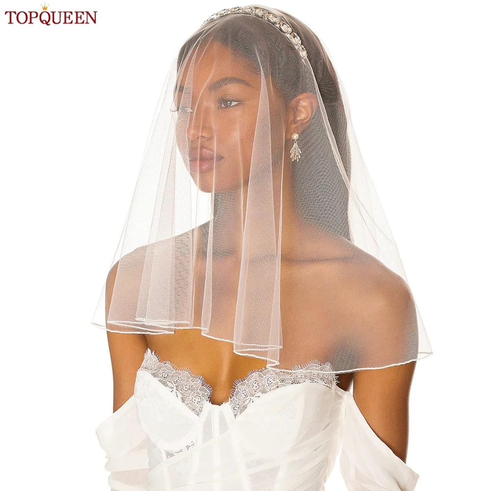 TOPQUEEN V173 Wedding Veil Shoulder Length Veil 2 Layers with Comb Blusher Bridal Veils Pearls Edge Dress Veil for Bride