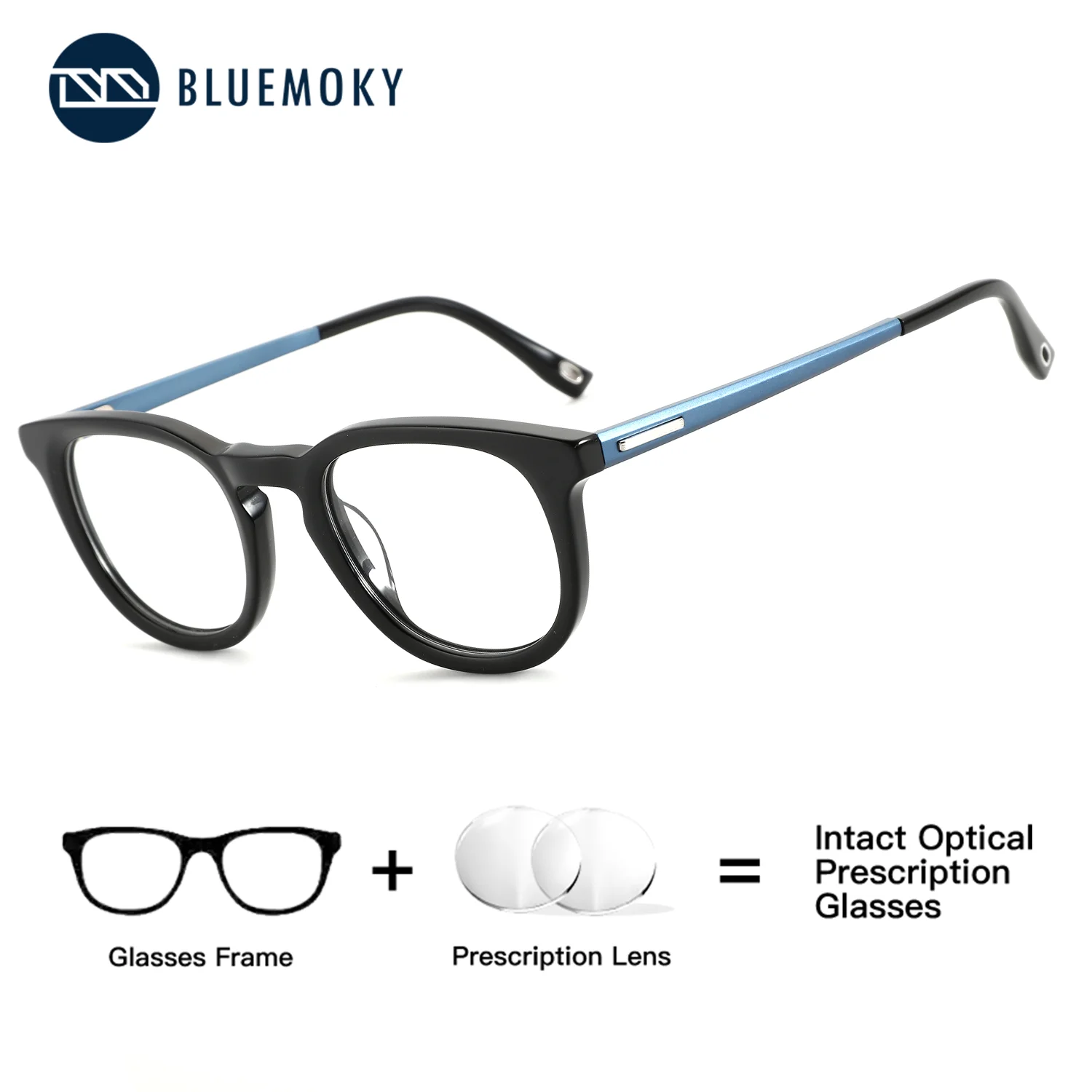 BLUEMOKY (مقاس M) النساء والرجال وصفة طبية مستديرة من الأسيتات نظارات بصرية مصححة متعددة البؤر لقصر النظر مضادة للضوء الأزرق جمالية