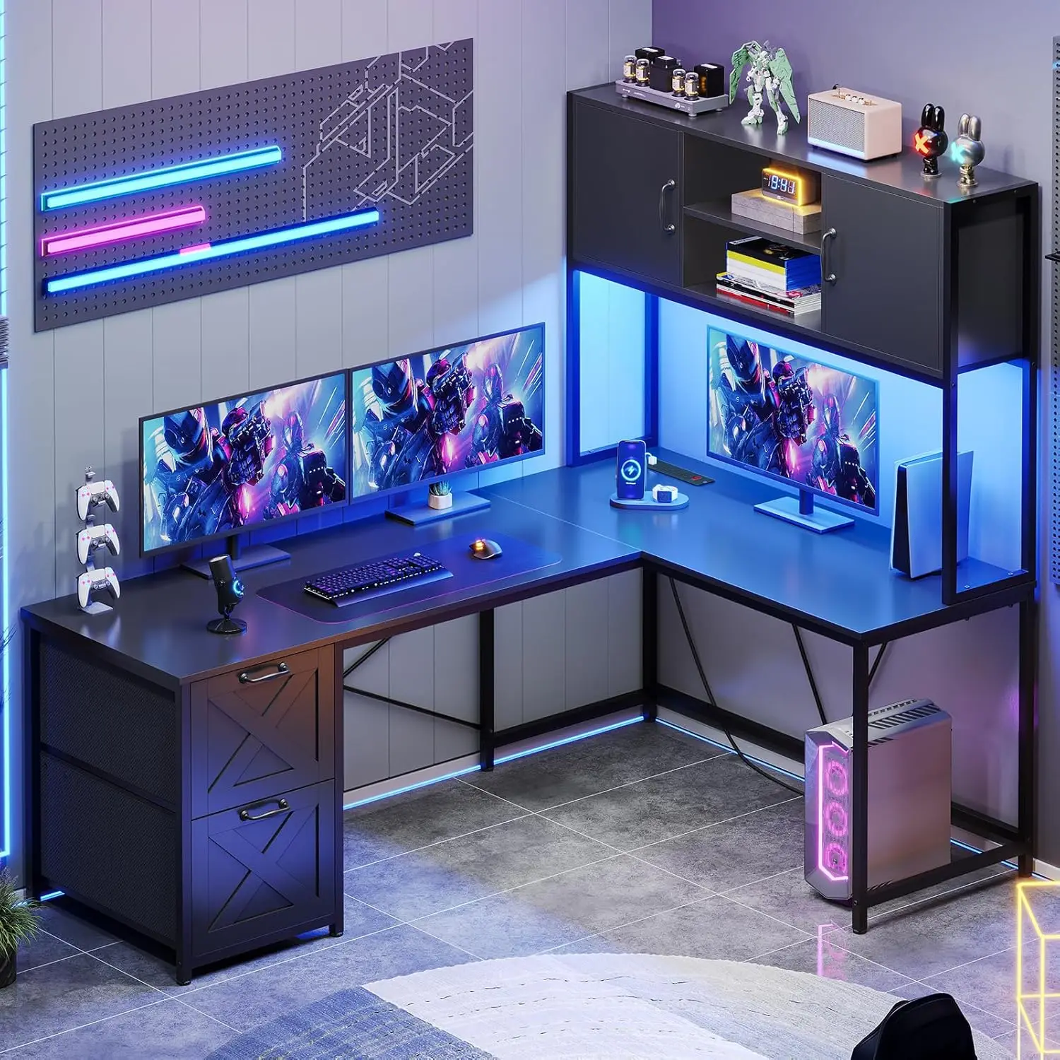 

Reversible L Shaped Computer Desk with Drawers, Outlet, LED, Hutch & Shelf, Home Office, Black, Customized