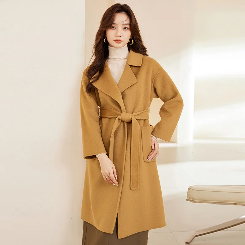 WinvyNee 2024 New Long Women Wool Coats with Belt Double-sided Camel Wool Overcoat Long Length High-end Lapel Coats H1343007