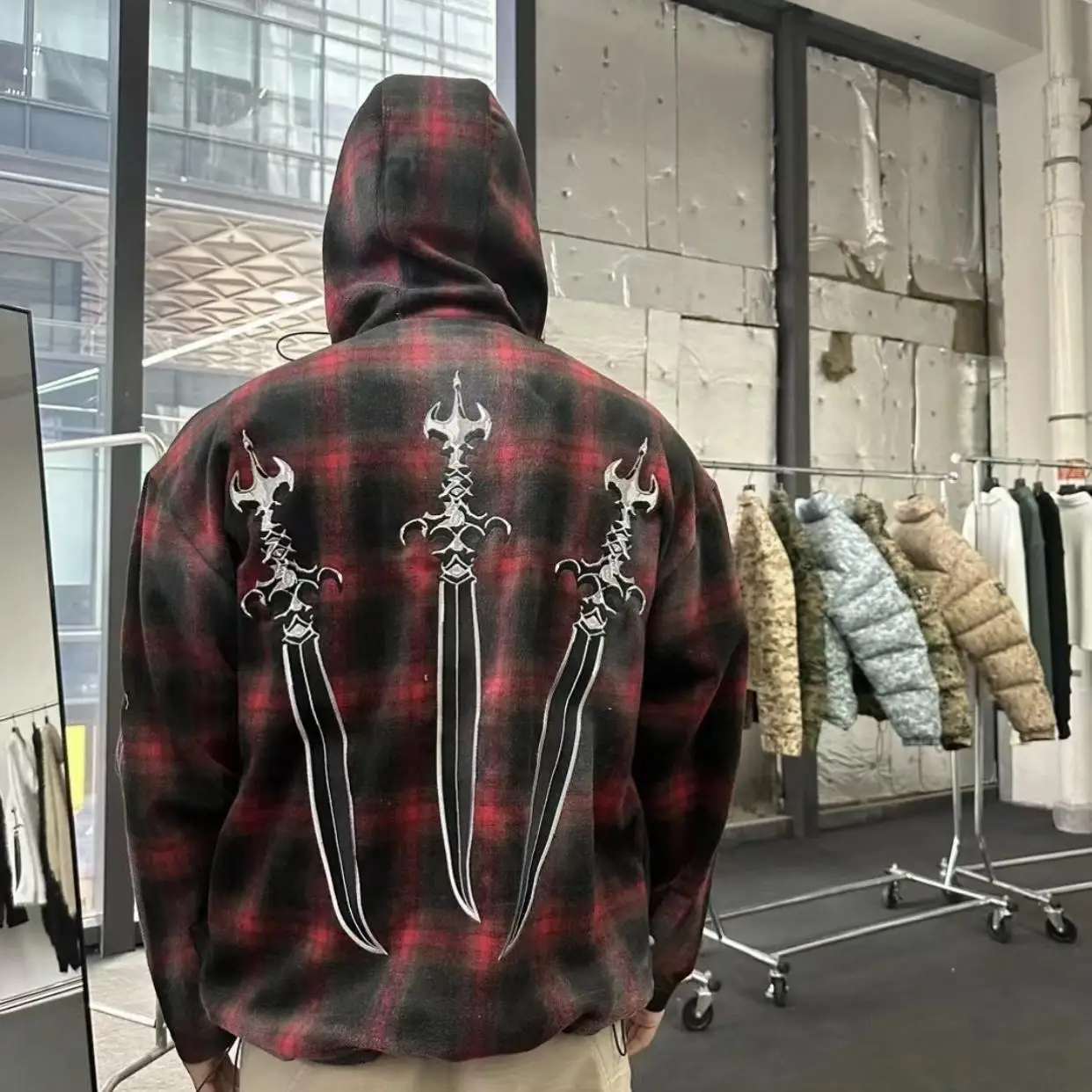 Thug Club 2026 New Sword God Sword Embroidered Distressed Spray-Painted Design Hooded Shirt Jacket Outerwear Unisex Streetwear