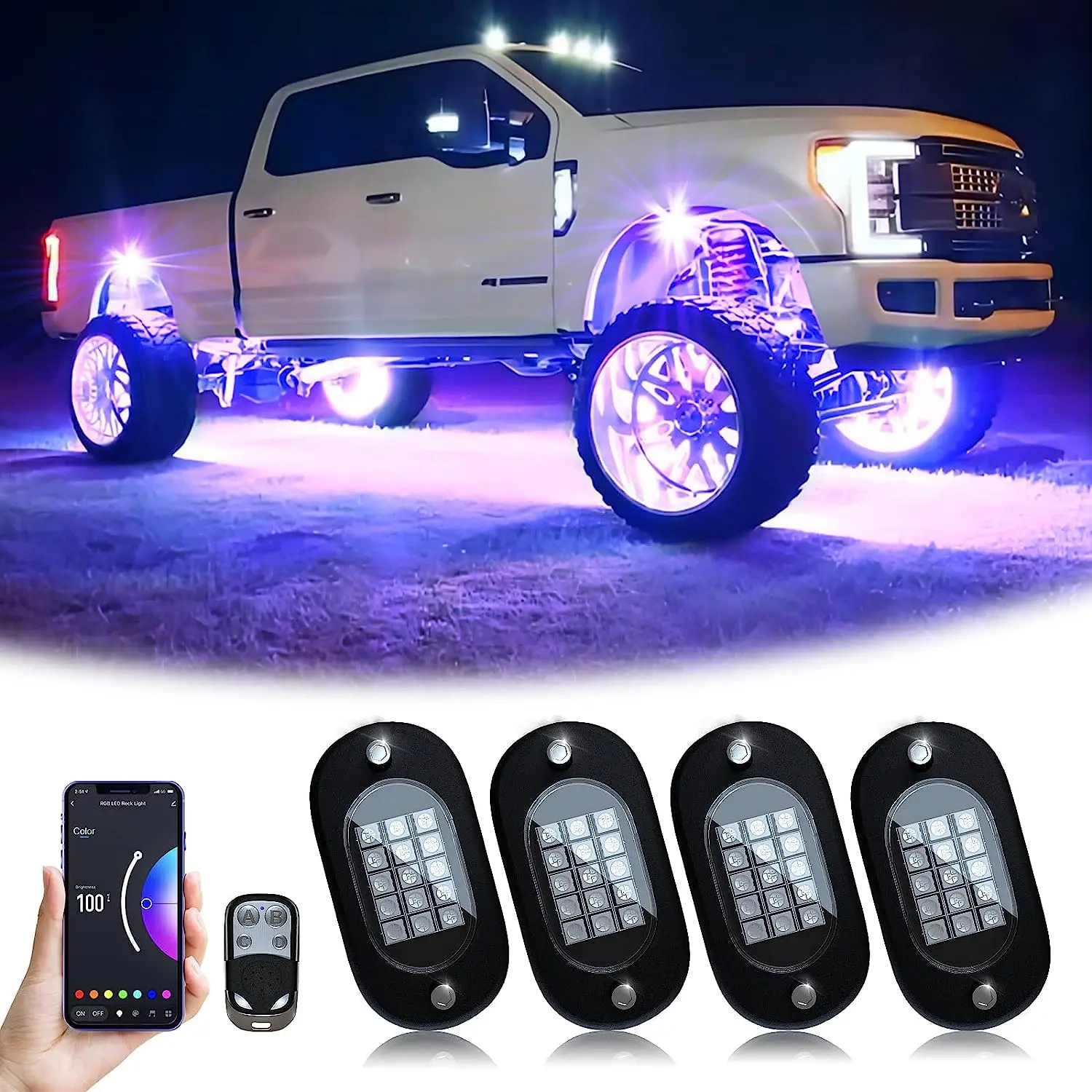 

RGB LED Rock Lights Car Chassis Undergolw Decorative Ambient Lamps 12V Bluetooth Smart IP68 Waterproof Atmosphere Light