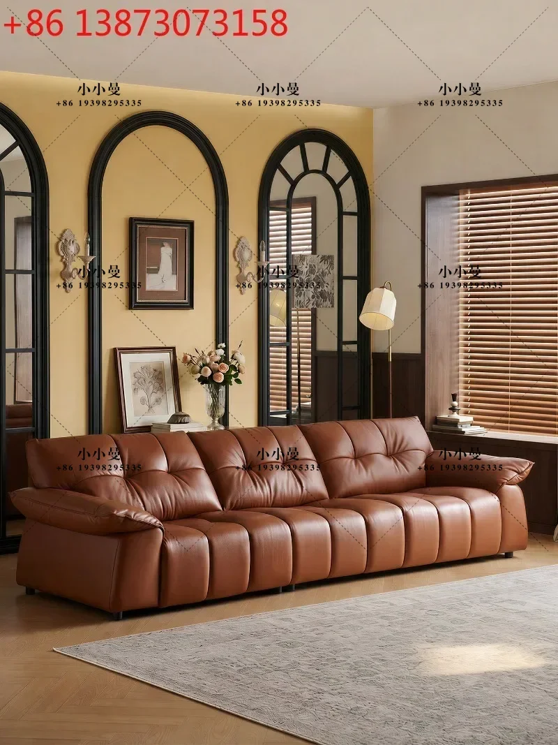 French vintage style small living room vintage leather straight three-seater sofa