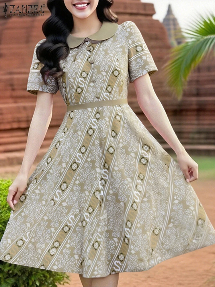 

ZANZEA, элегантные вечерние платья, женские летние платья трапециевидной формы с короткими рукавами и принтом, мода 2025 года, повседневный халат длиной до колена с лацканами