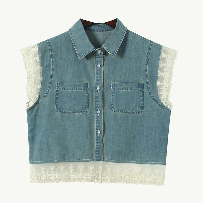 

Жилет из денима Phil Dan Waed с кружевной отделкой, пропорциональный крой, из хорошей хлопковой смеси, летний, модный, женский