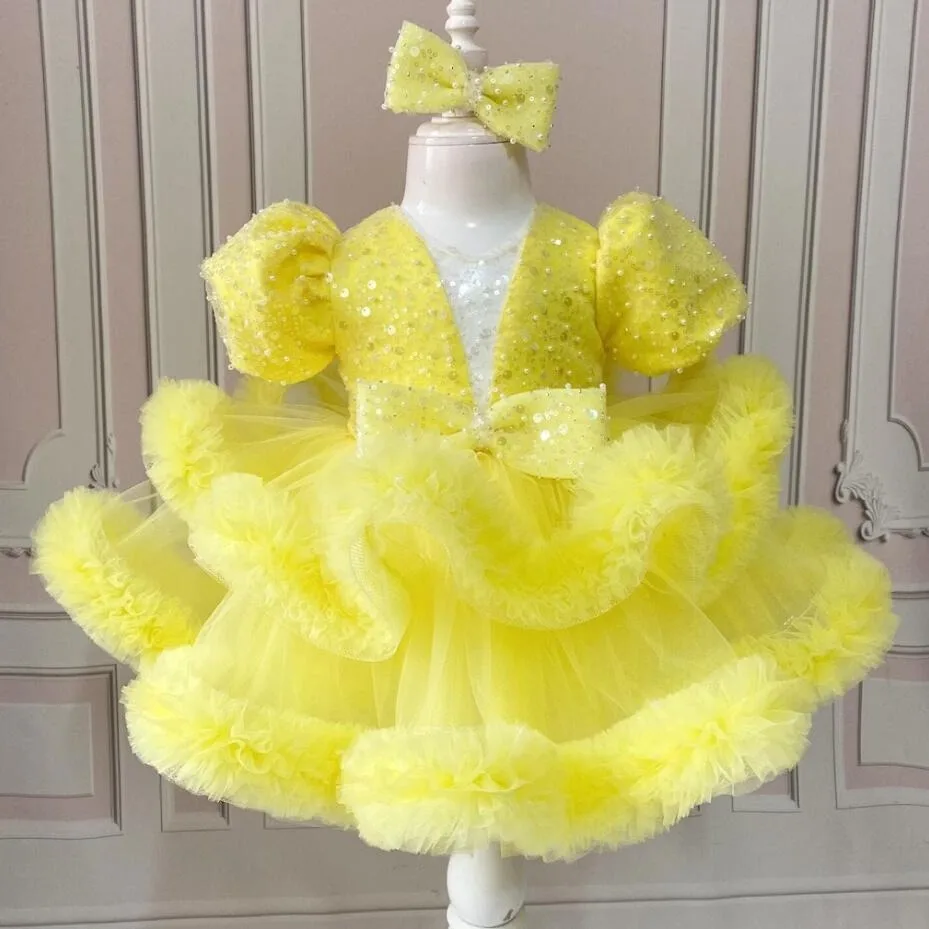 Girl's birthday party dress baby Pearl studded Sequined bow tutu Cake dress for girls wedding Flower girl ball communion dress