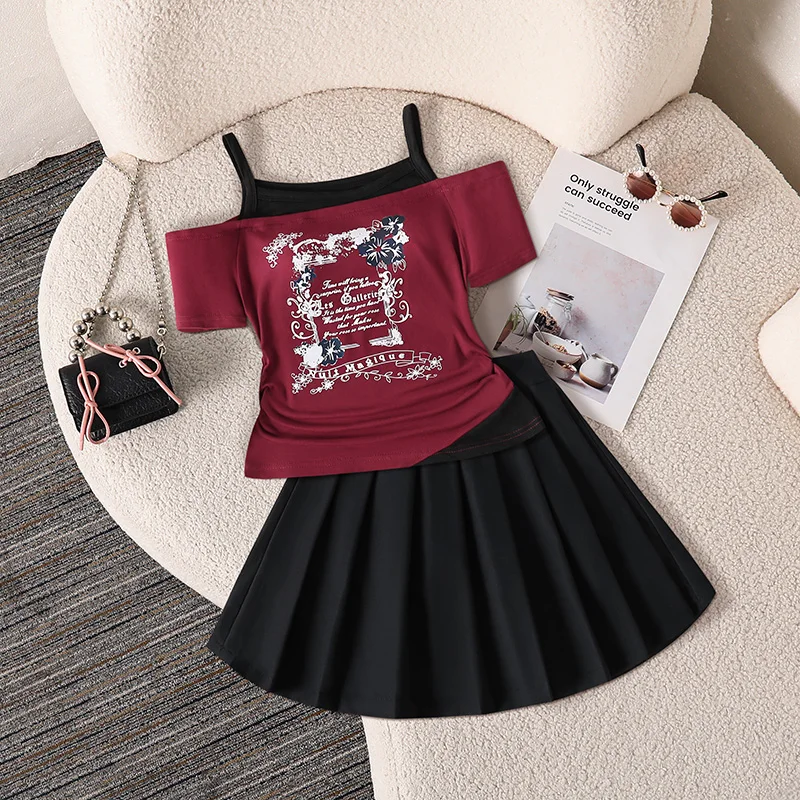 Stylish Girls 2 Piece Outfit 8-12Y, Popular Wine Red Cold Shoulder Tee and Elastic Pleated Skirt Casual Summer Party Wear