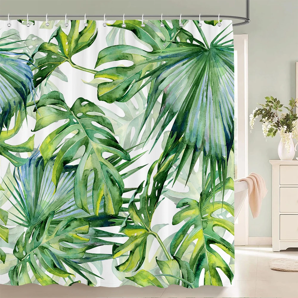 Green Plant Leaves Print Shower Curtains Watercolor Boho Floral Waterproof Morden Bathroom Bathtub Curtain Room Decor With Hooks