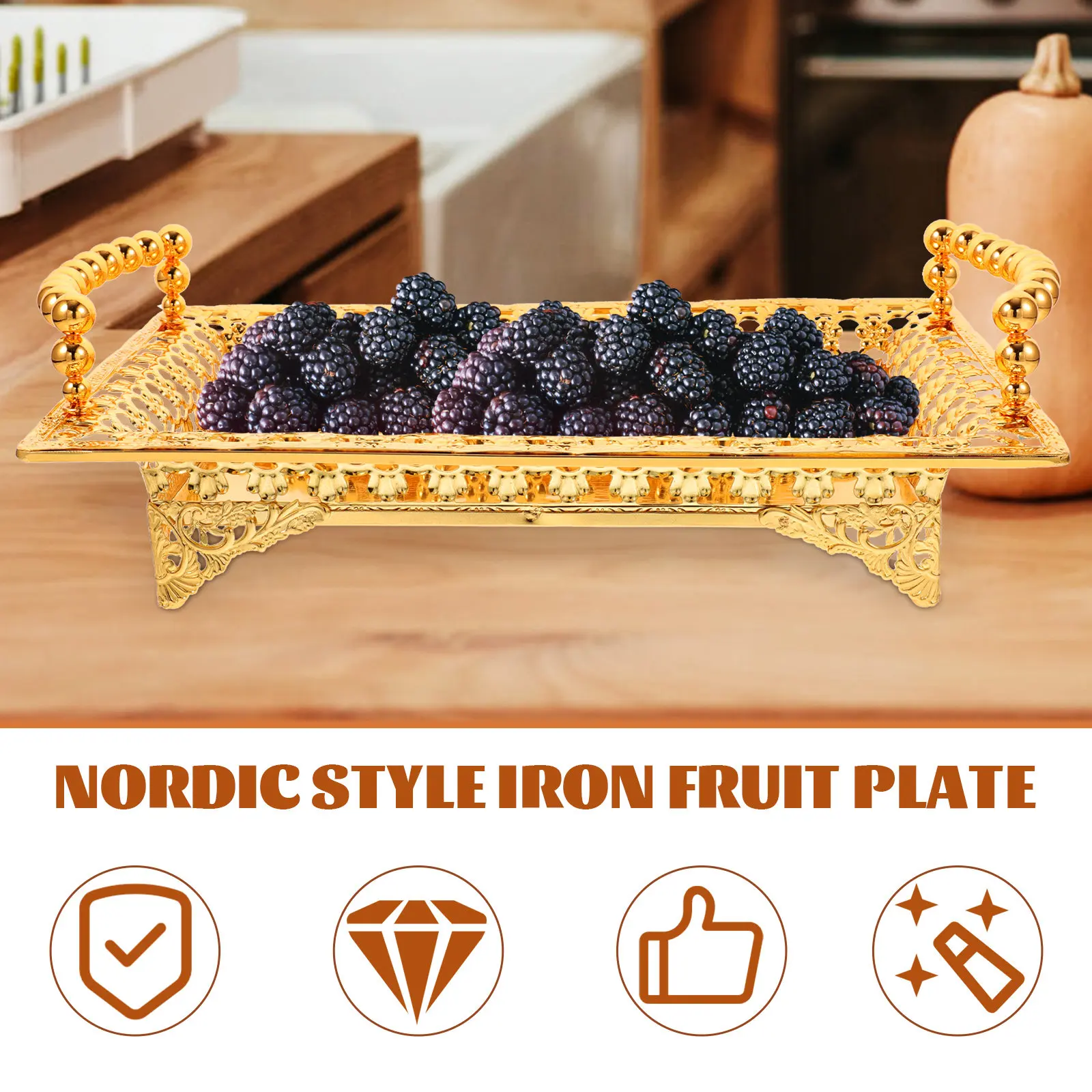 

Iron Fruit Tray Nordic Style Snack Plate with Handle Lightweight Decorative Serving Dish for Hotel Home Party Candy Snack