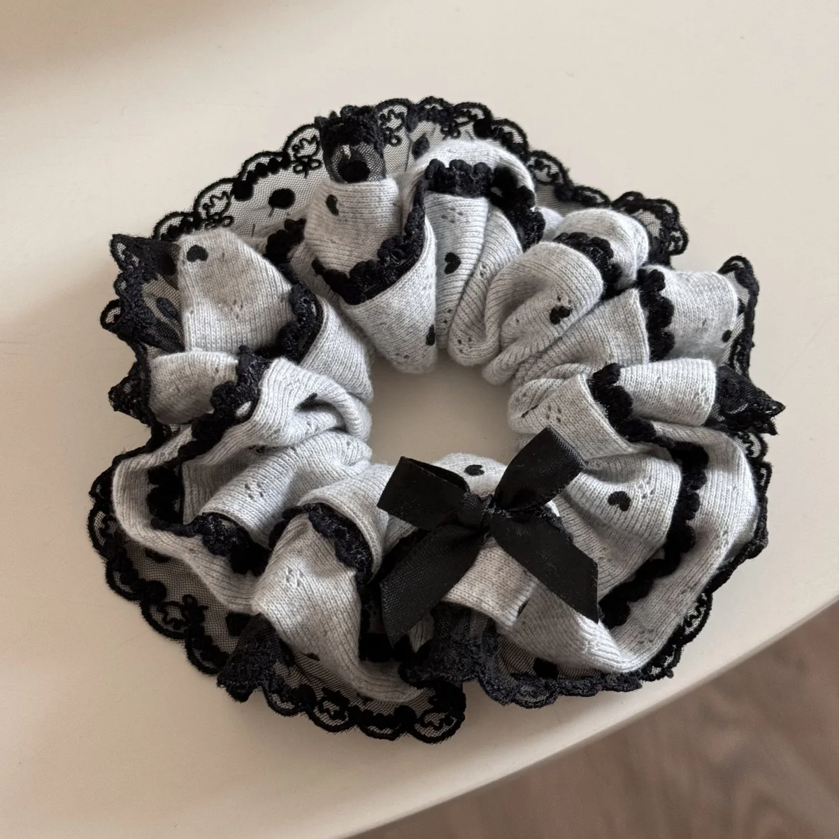 Korean New Retro Grey Love Heart Bowknot Lace Elastic Scrunchie Simple Fashion Fold Large Hair Rope Hair Accessories