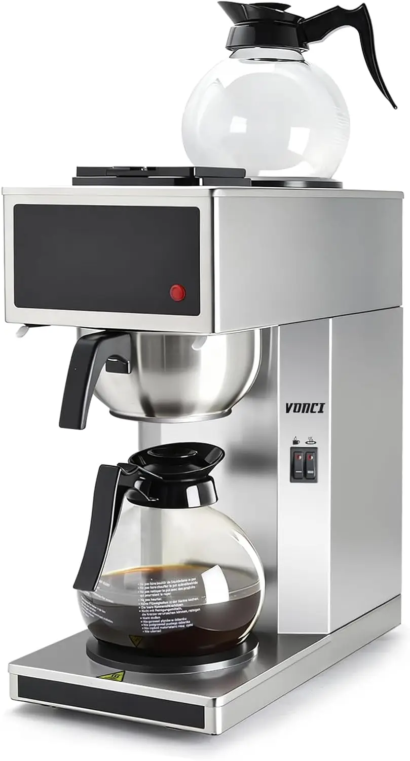 1610W Commercial Drip Coffee Machine, 12-Cup Capacity, Includes 2 Glass Carafes and 2 Warmers, Stainless Steel Housing & Funnel,