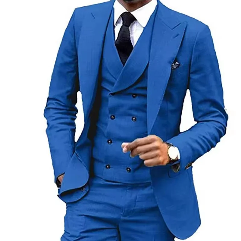 2025 جديد زي أوم رمادي الذروة التلبيب مزدوجة الثدي سترة الرجال البدلة سليم صالح الأعمال الرسمية العريس ارتداء 3 قطع Terno السترة