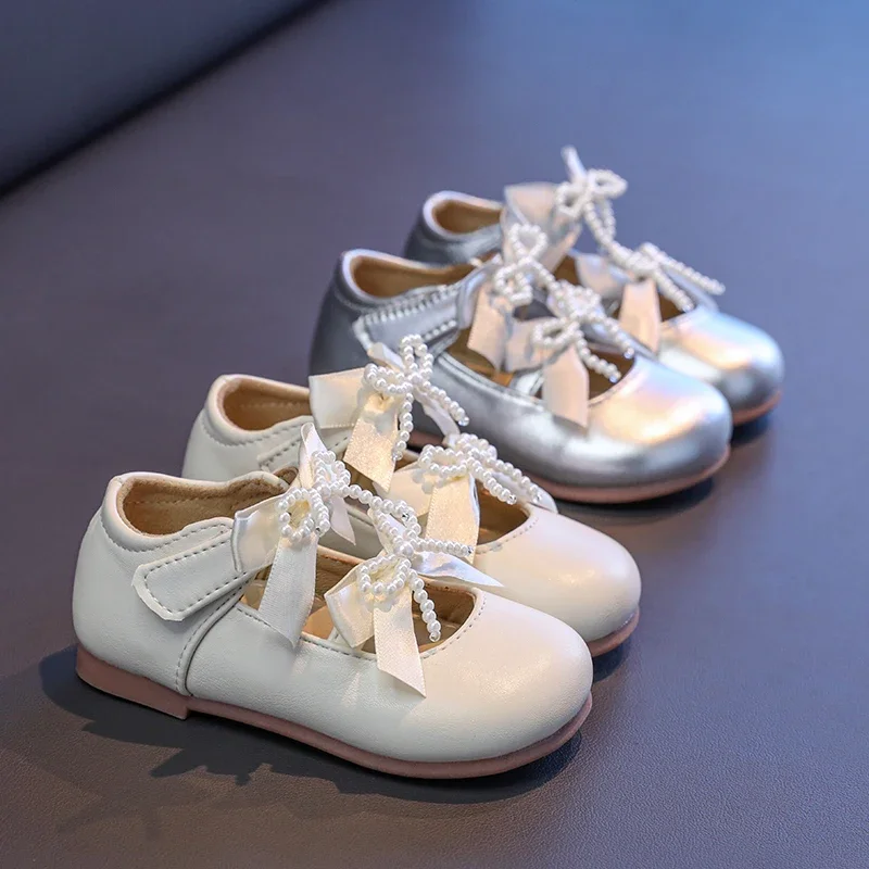 Spring Autumn Children's Shoe for Girl Sweet Pearl Bowknot Kids Leather Shoes Fashion Wedding Party Princess Causal Flat Shoes