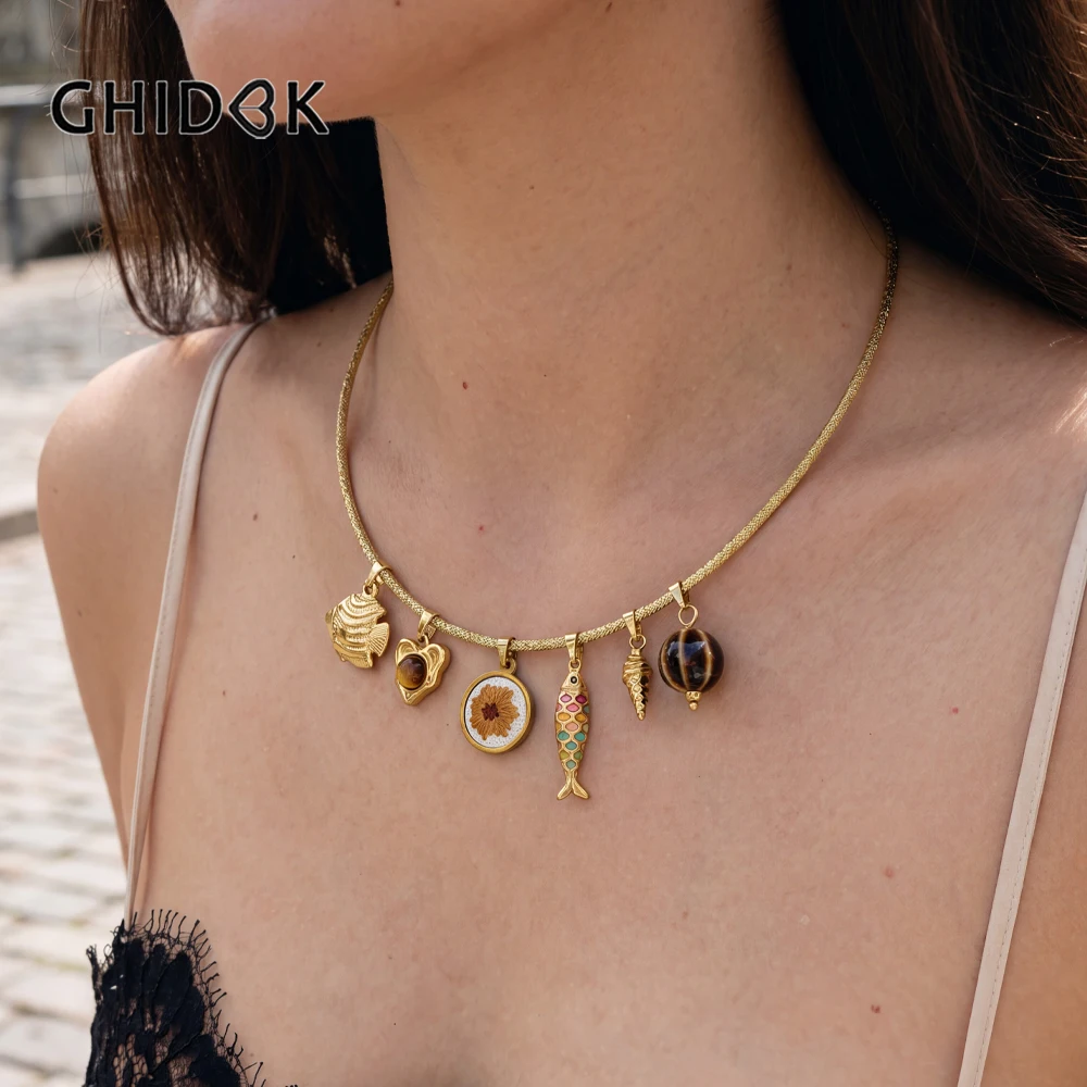 GHIDBK Minimalist Metal Enamel Yellow Tiger Stone Embroidered Multiple Pendants Women's Magnetic Necklace Detachable Jewelrys