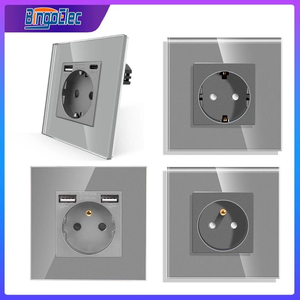Bingoelec EU Russia Standard Wall Socket with Daul USB Electrical Outlet TypeC Plug Grey Crystal Glass Panel Power Socket
