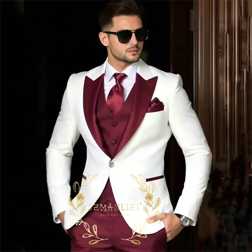 

Luxury Men's Suits For Wedding Peak Lapel Slim Fit 3 Piece White Jacket Burgundy Pants Vest Formal Male Clothing Costume Homme