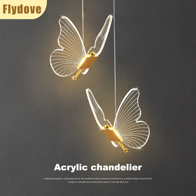 

Nordic Creative Acrylic Butterfly Long Line LED Chandelier Villa Bedroom Dining Room Hanging Lighting Decoration Fixtures