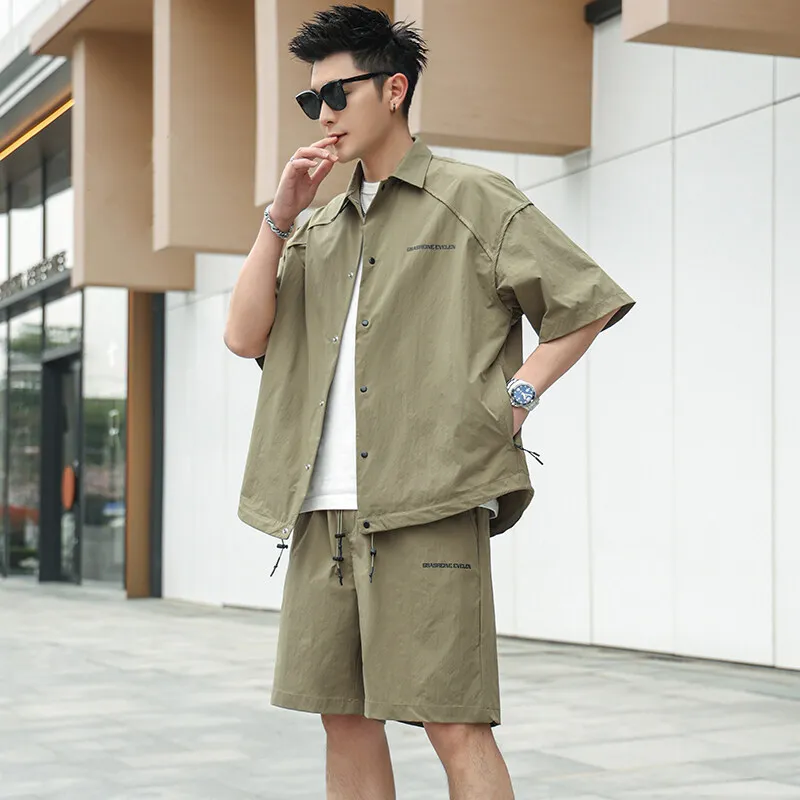 Summer New Men's Korean Short sleeved Shirt Set Ice Silk Quick drying workwear Short sleeved Shorts Two piece Set Quality Fabric