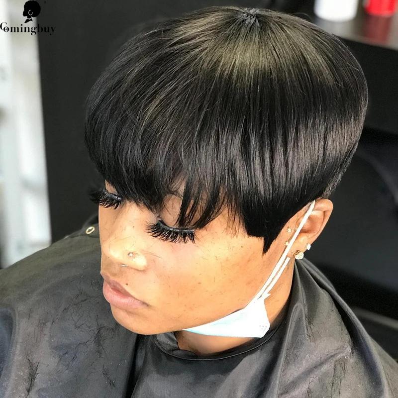 

Short Cut Human Hair Bob Wig With Bangs Brazilian Remy Human Hair Pixie Machine Made Short Boy Cut Hair Style For Black Womem