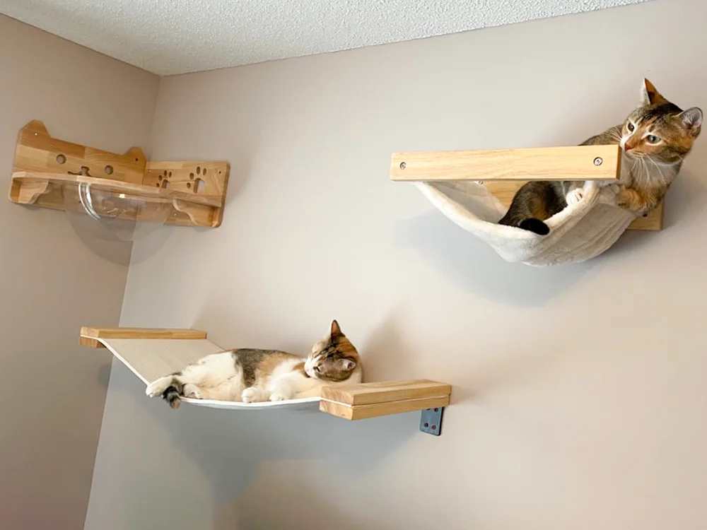 Cat Wall Mounted Climbing Wood Furniture Stairway with Hammock Cats Platform and Scratching Post for Kitten Playing and Rest