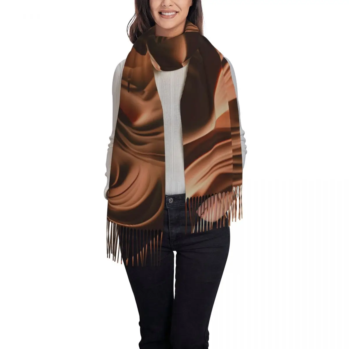 ผ้าพันคอศิลปะนามธรรมลายวนวนช็อกโกแลตเข้มข้น ผ้าพันคอผู้หญิงพร้อมพู่ห้อย ผ้าคลุมไหล่ยอดนิยมสำหรับฤดูหนาว ผ้าพันคอและผ้าคลุมไหล่ที่ให้ความอบอุ่น ผ้าพันคอแบบ Bandana