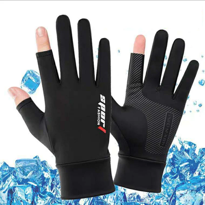 Summer Gloves Men Ice Silk Sun Proction Driving Non-Slip Breathable Thin Touch Screen Elastic Cycling Fishing Fingerless Gloves