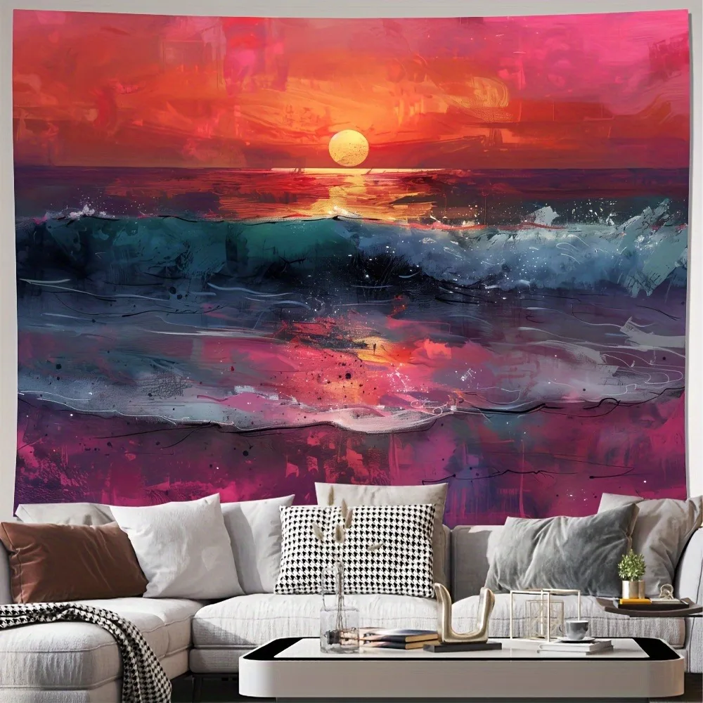 

Яркий пурпурный гобелен с волной океана на закате: художественная настенная подвеска с прибрежной тематикой для домашнего декора