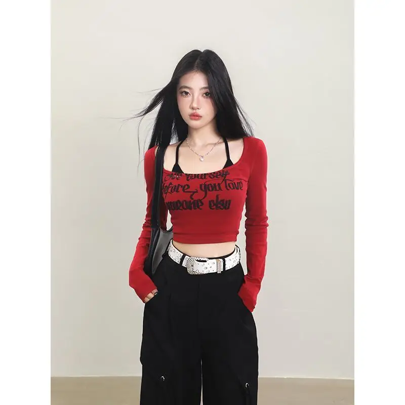 T-shirt Tops Long Sleeved Letter Printing Short Female Autumn  Winter New Sling Stacking  Piercing Sweet  Spicy Two Piece Set