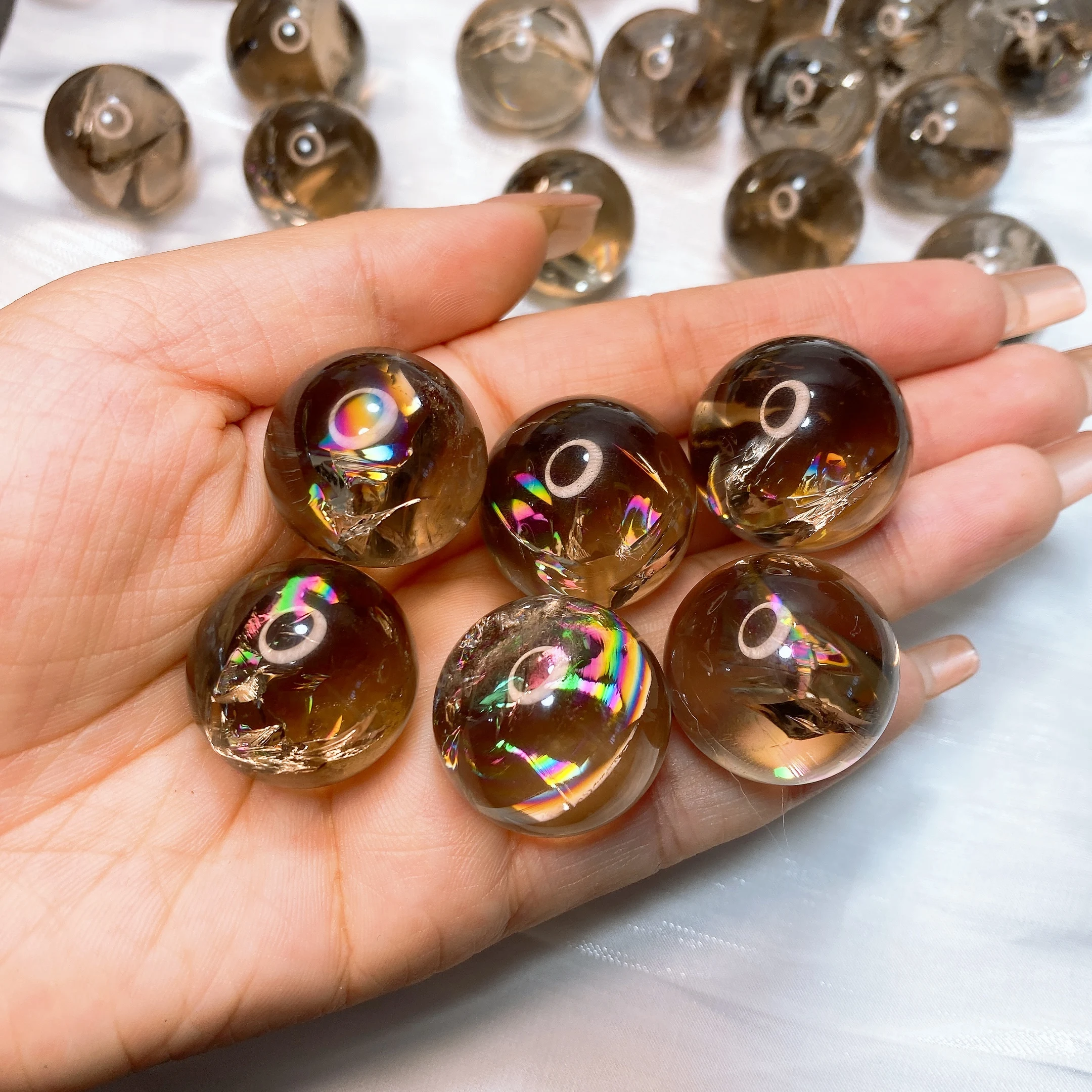 23MM Natural Rainbow Smoky Quartz Sphere Mini Ball Crystal Stone Energy Reiki Healing Office Home Decoration Gift
