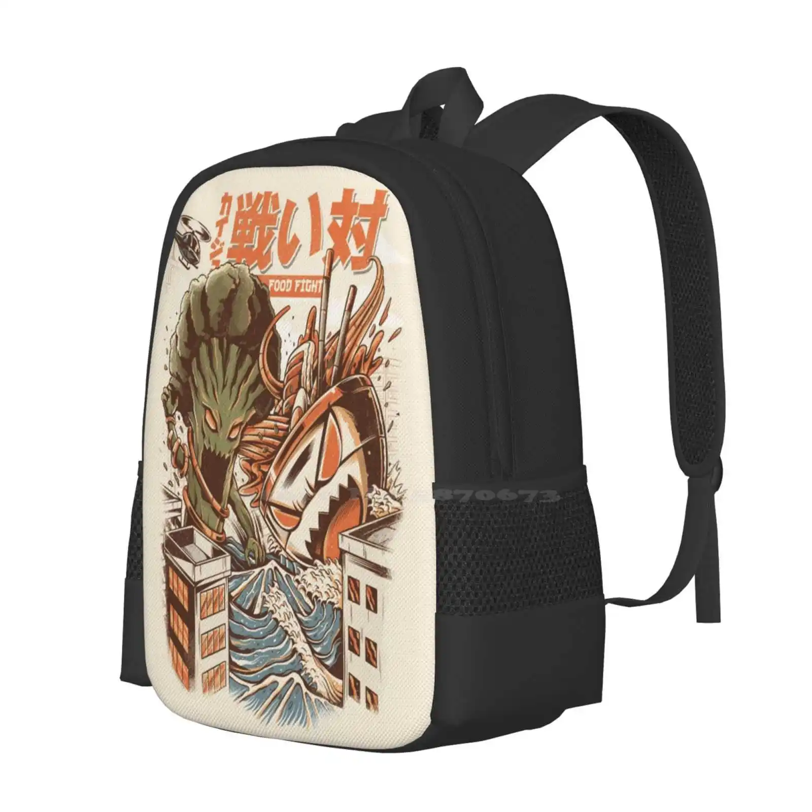 Brocco Vs Ramen Kaijus Teen College Student Backpack Pattern Design Bags Sushi Great Wave Off Kanagawa Kaiju Japanese Food