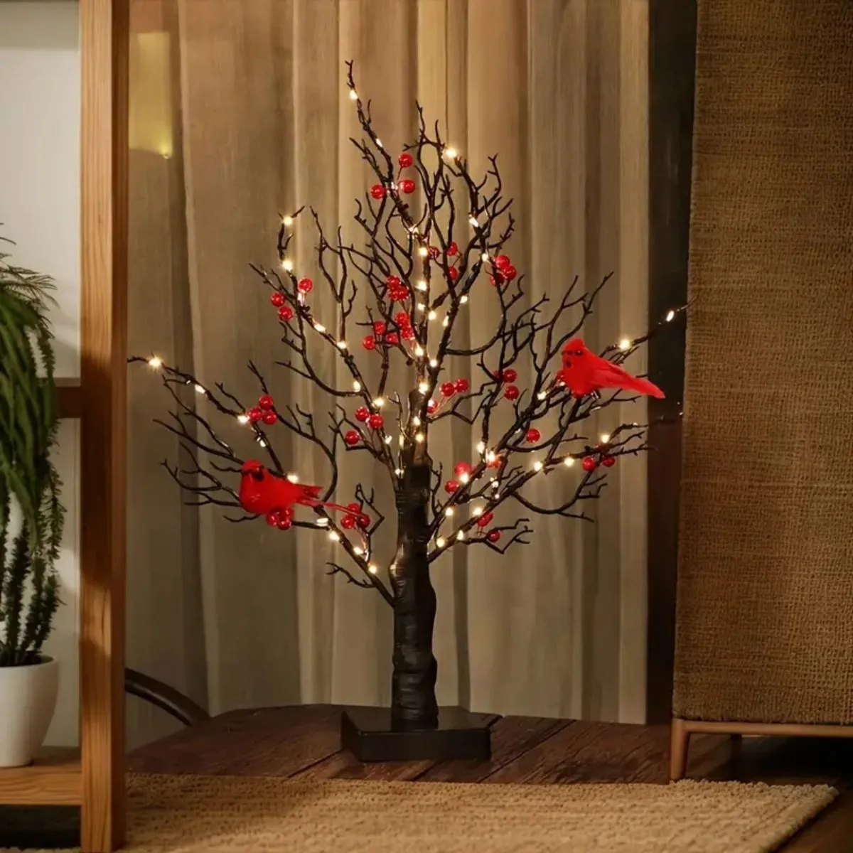 

1 шт., 60 светодиодов, черное искусственное освещение березы с красными ягодами и птичьими попугаями, на батарейках, для рождественского праздника, декор для вечеринок