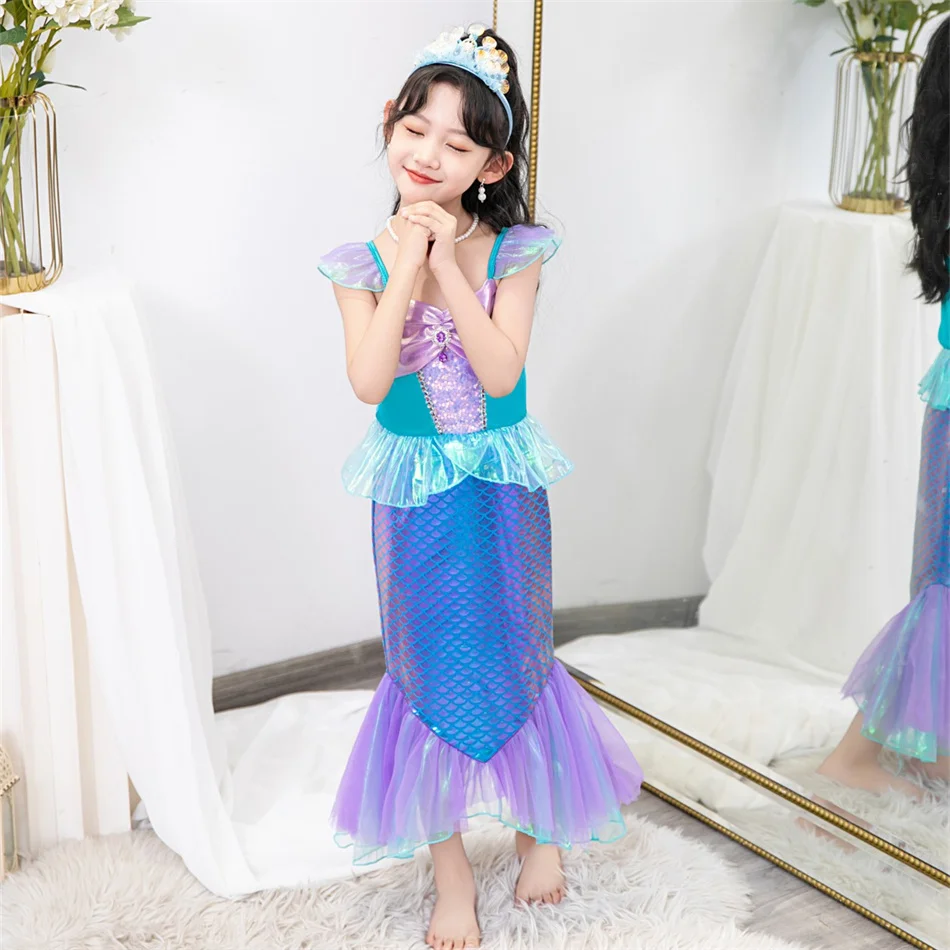 Girls Mermaid Fish Tail Skirt Summer Ariel Cosplay Princess Dress Kids Vacation Fancy Clothes Halloween Carnival Holiday Frocks
