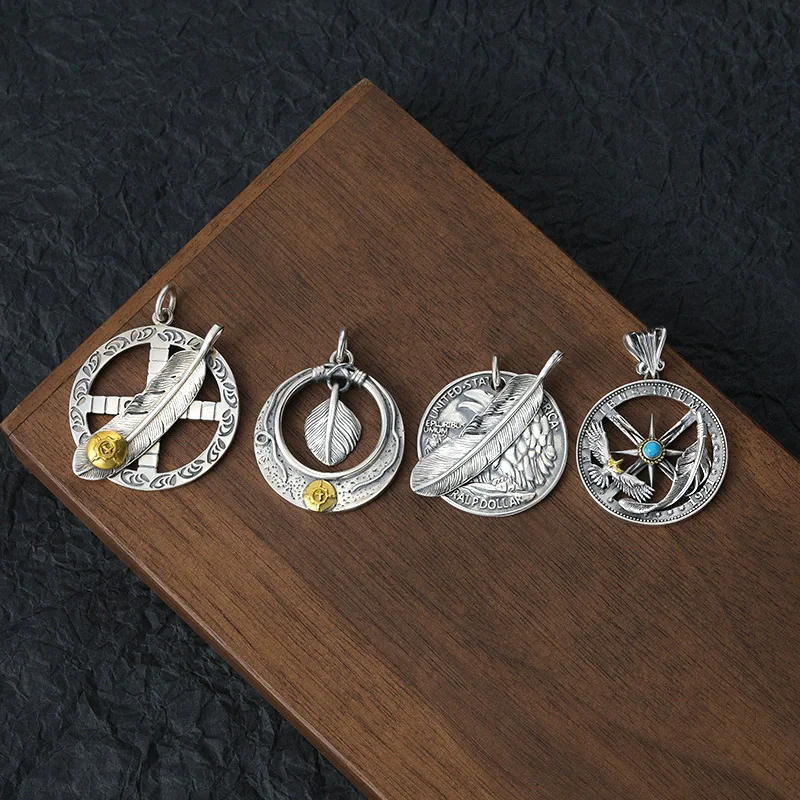 

S925 pure silver pendant with star moon feather pattern Cross Wheel Sun Wheel Radiant Eagle Jewelry