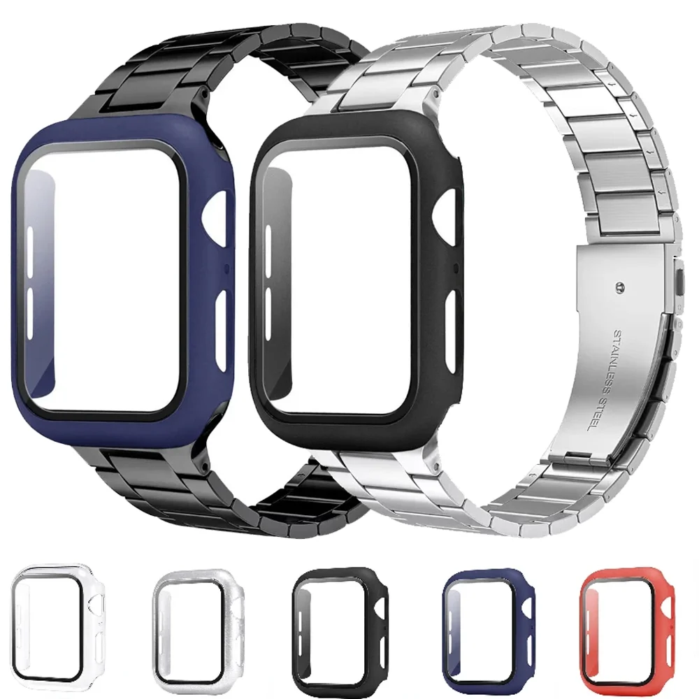 Корпус ПК + металлический ремешок для Apple Watch 9 8 7 45 мм 41 мм, однотонный металлический браслет для iWatch 6 5 4 SE 3 44 мм 40 мм 42 мм, аксессуары для крышек