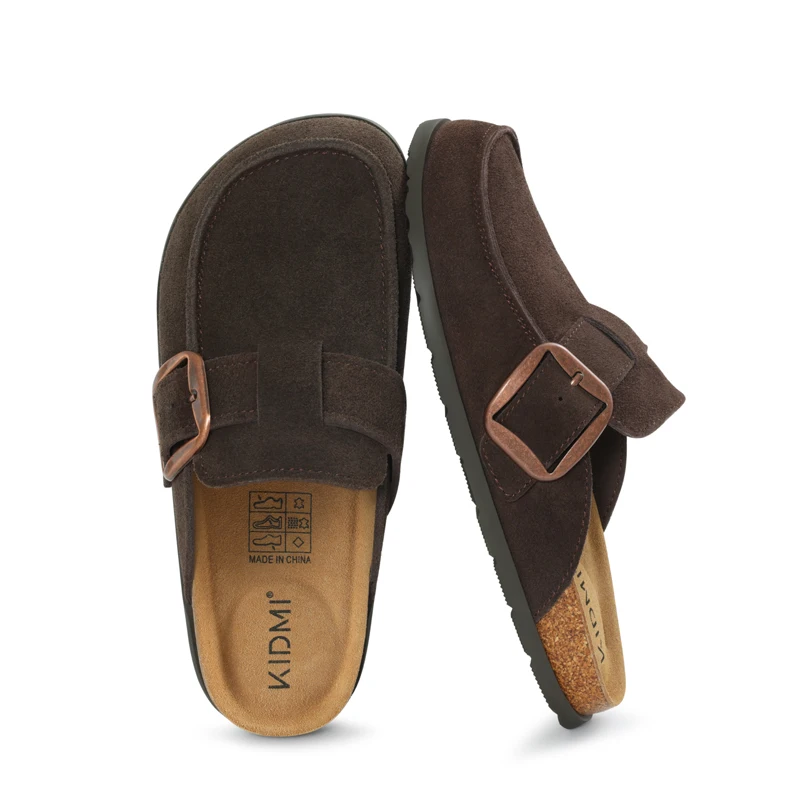 Litfun Genuine Suede Clogs Slippers For Women Cork Insole Sandals Leather Mules with Comfort Memory Foam and Adjustable Buckle view 3