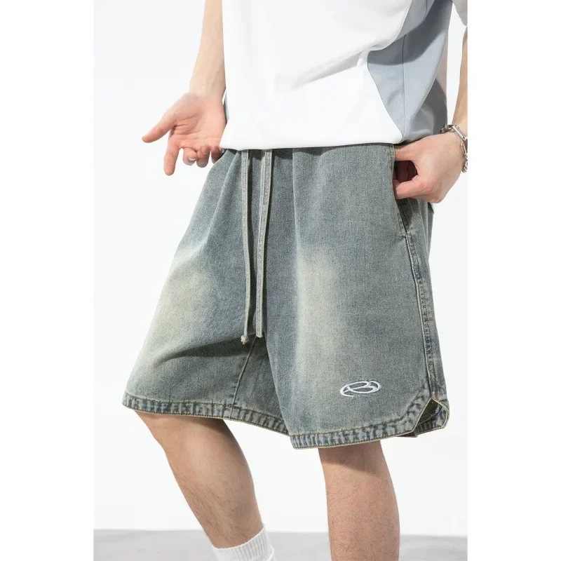 Men Embroidery Loose Casual  Denim Shorts Washed Spliced Shorts Knee Length Distressed Drawstring Straight Jeans 2025 New Summer