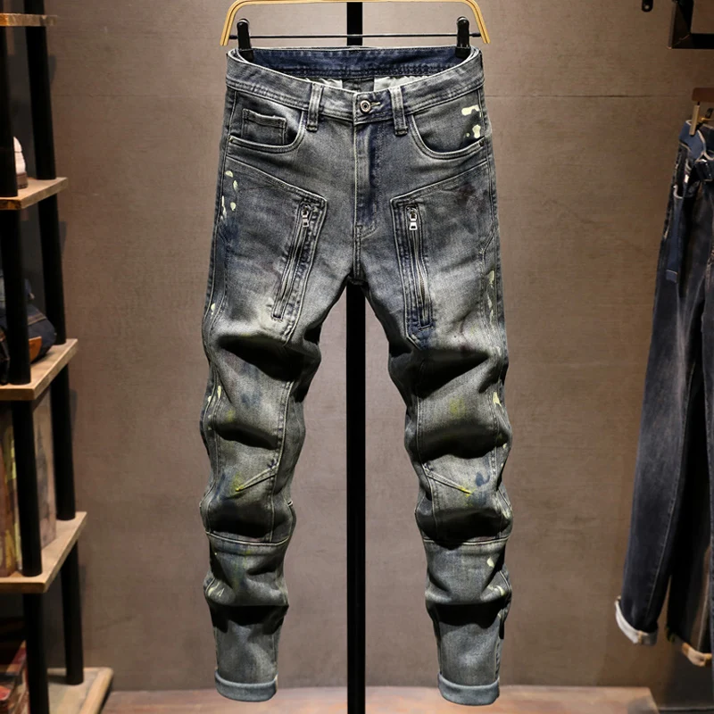 

Y2k итальянские новые джинсы на молнии с украшением, большой карман, ностальгические эластичные облегающие ретро синие джинсы, уличные брюки homb