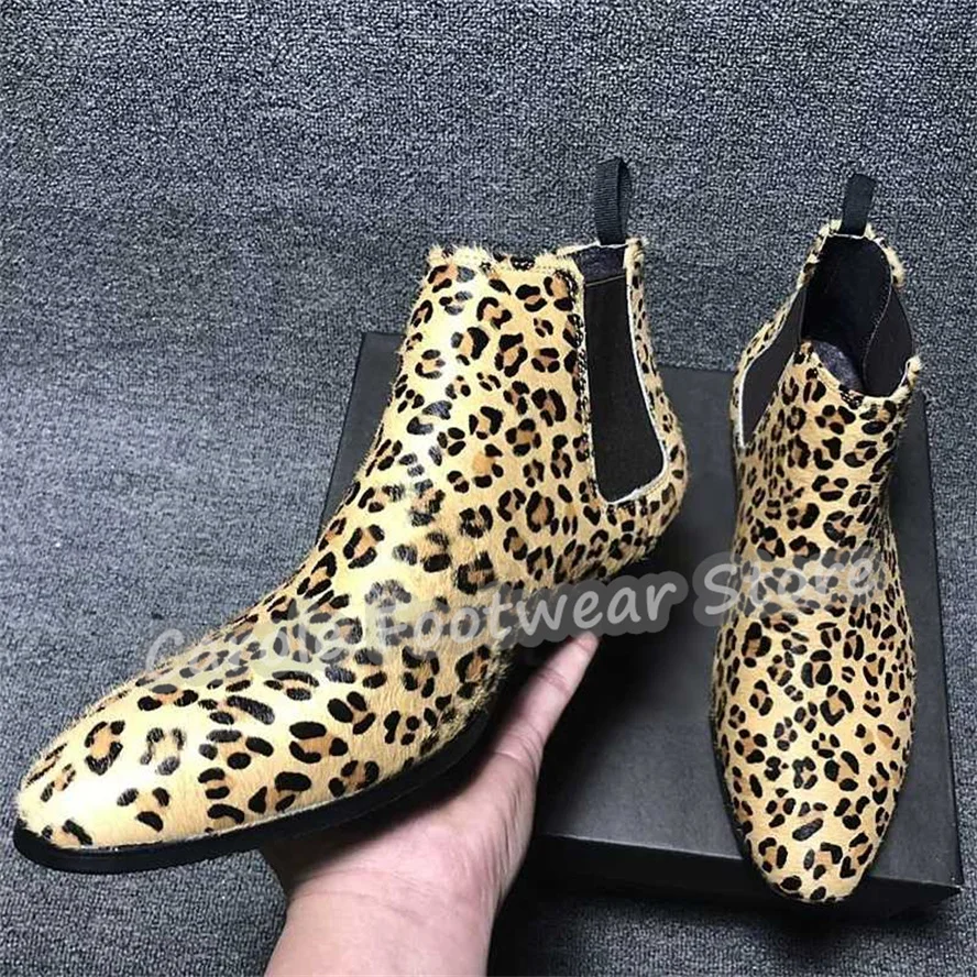 

Fashion Leopard Print Pointed Toe Ankle Boots for Men British Style High Top Chunky Heel Chelsea Boots Male Slip-On Short Boots