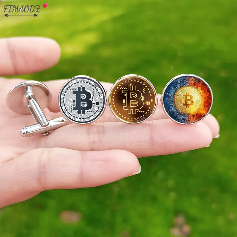 Bitcoin Cufflinks for Mens Bit Coin Glass Cuff Links shirt Button Souvenir Gift