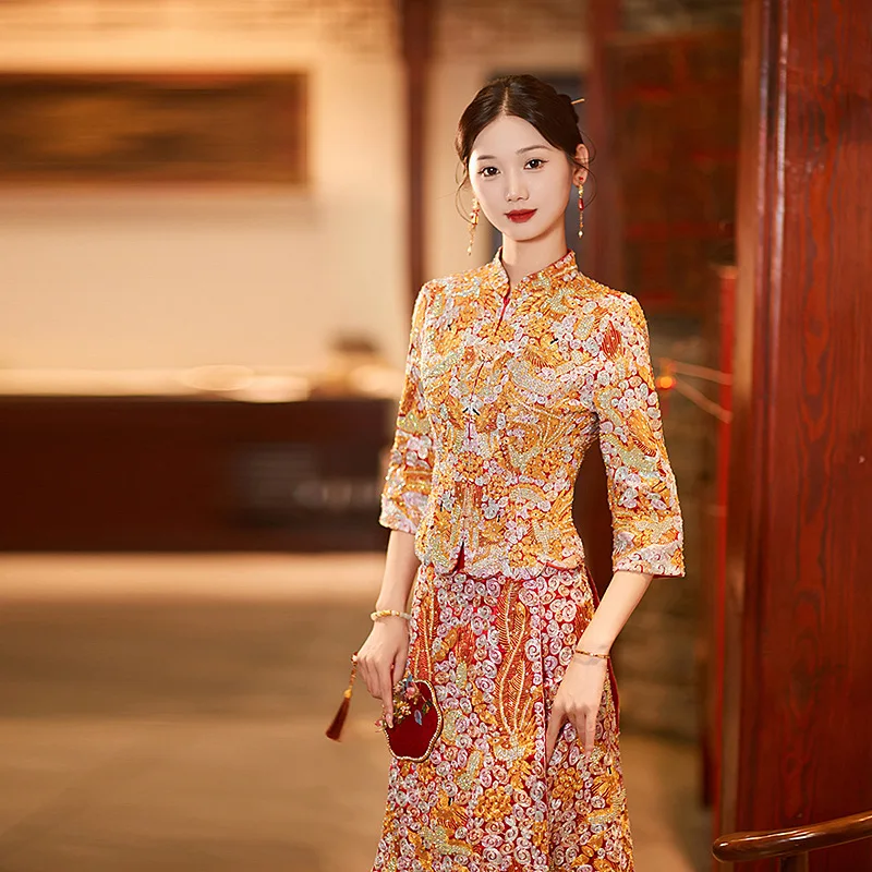 

Xiuhe Clothing Bride 2024 New Chinese Style Wedding Clothes Fit Heavy Industry Dress Toast Cheongsam and Gown for Women
