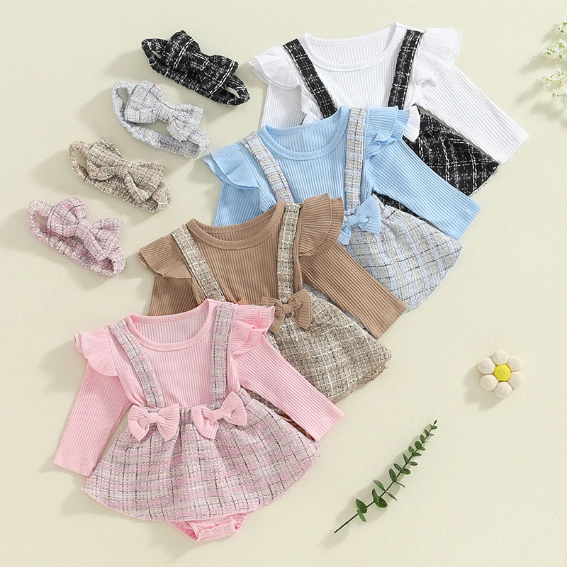 

0-18M Autumn Princess Newborn Baby Girls Rompers Clothes Elegant Ribbed Long Sleeve Bowknot Plaid Patchwork Jumpsuits Headband