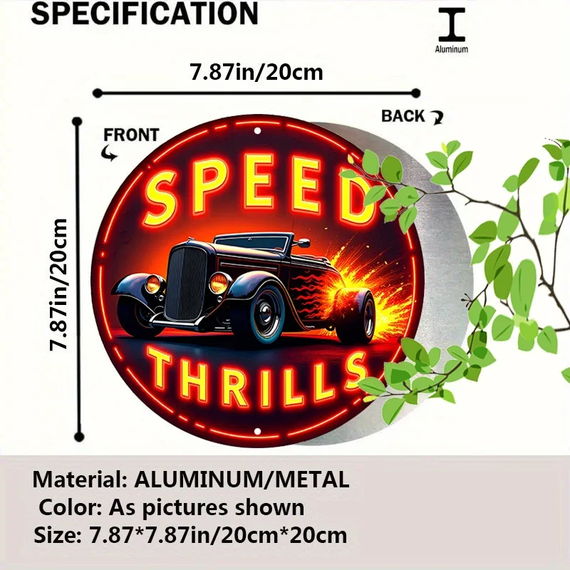 1pc 2D Flat Round Metal Tin Sign 20x20 Inch Neon Effect Retro Hot Rod Car Plaque Garage Racing Room Decor