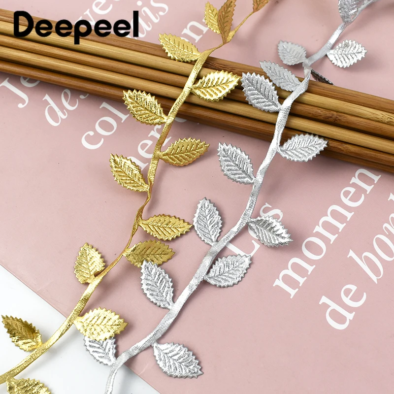 5/10M Deepeel 4cm Leaf Gold Silver Christmas Decoration Lace Trimming Garment Dress Webbing Tape Gift Packing Sewing Material