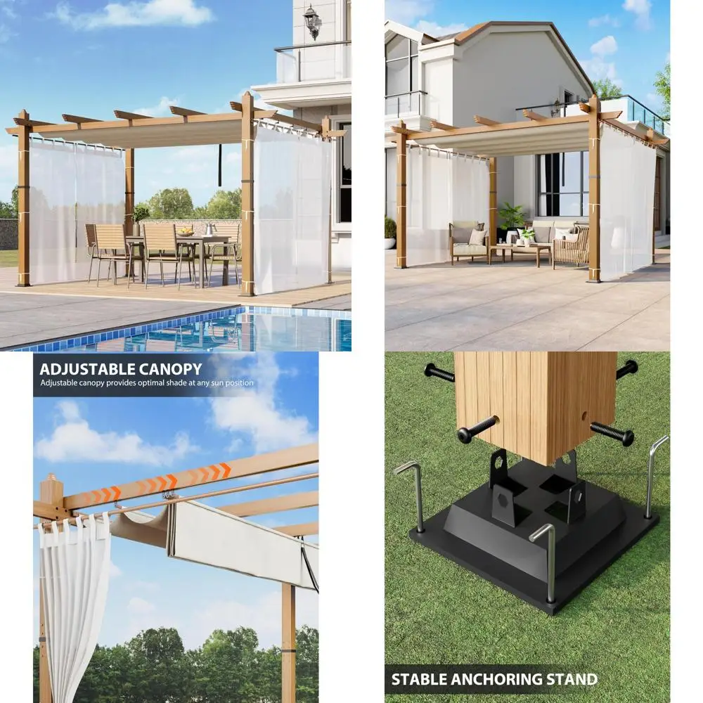 

Aluminum Outdoor Pergola with Retractable Roof and Side Mesh Screens, Modern Faux Wood Grain Metal Patio Shelter