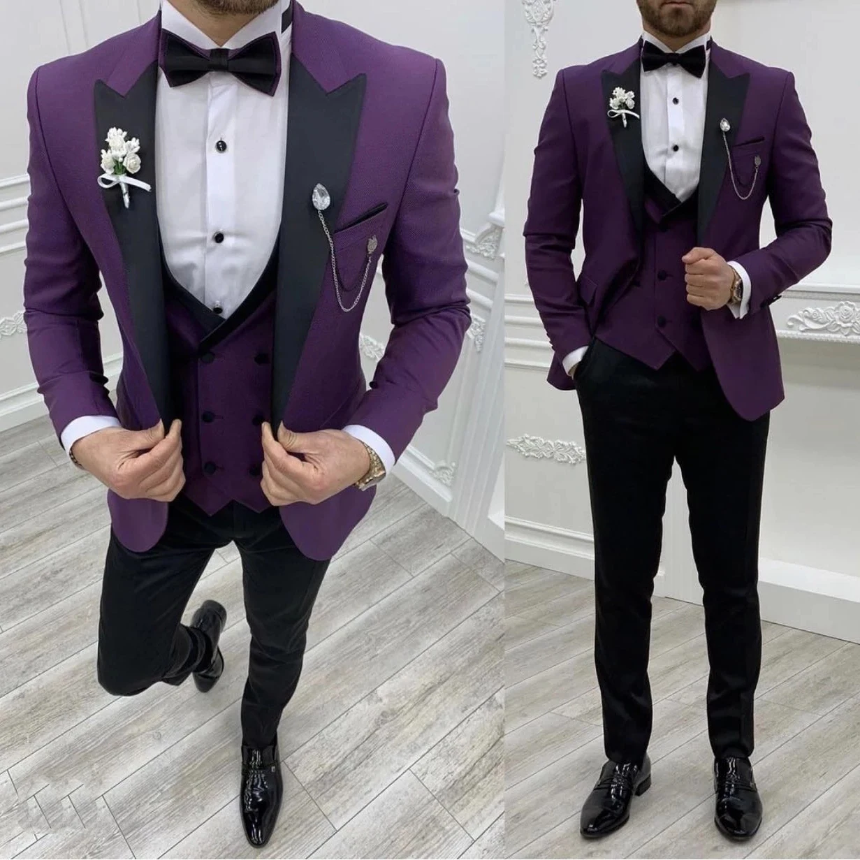 Custom Made Purple Prom Party Wedding Suits For Groom Slim Fit Business Work Wear Men Blazer Waistcoat Trousers Marriage Costume