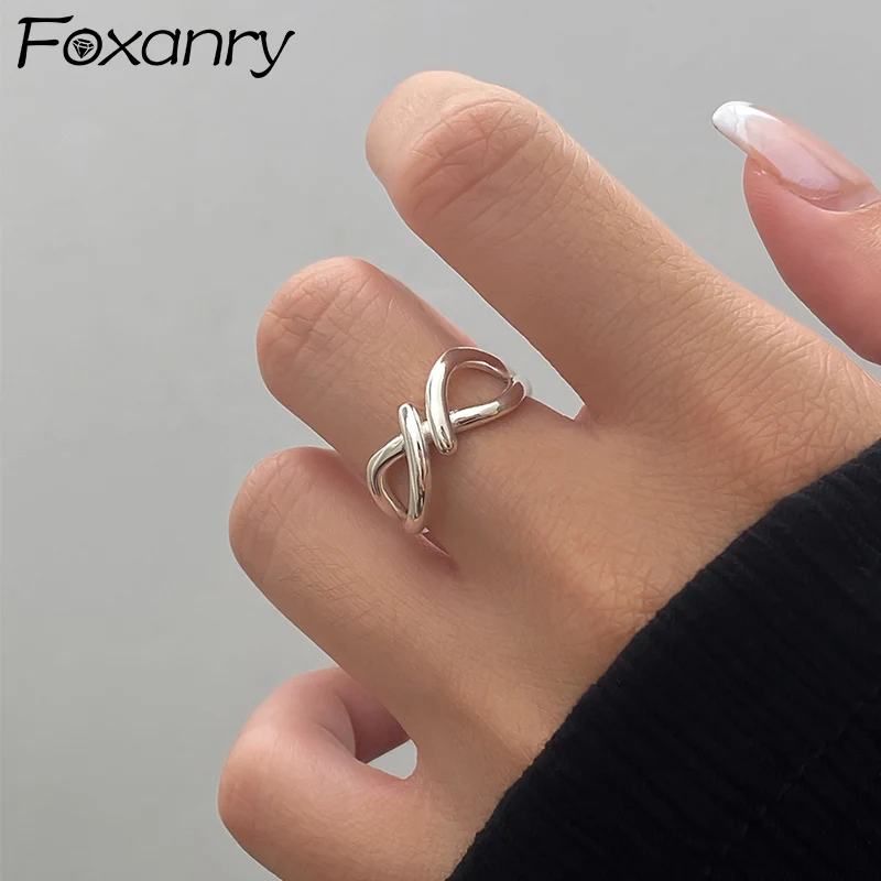 Foxanry Silver Color Lines Crossed Geometric Rings For Women Couples Minimalist Creative Design Sweet Elegant Daily Jewelry Gift