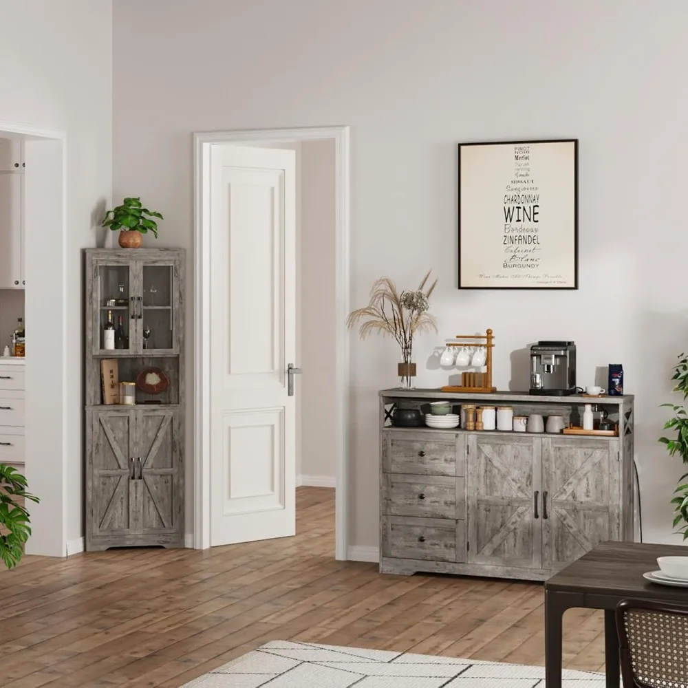 Grey Farmhouse Style Storage Cabinet with Doors and Drawers, Kitchen Buffet Hutch, Pantry Sideboard Cabinet for Organization