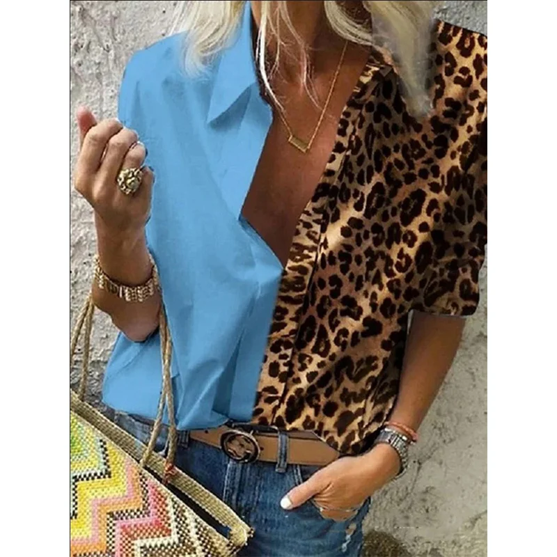 Summer Fashion Leopard Patchwork Oversized Short Sleeve Casual Blouse Femme Loose Vintage Pullover Top Women Streetwear Shirts