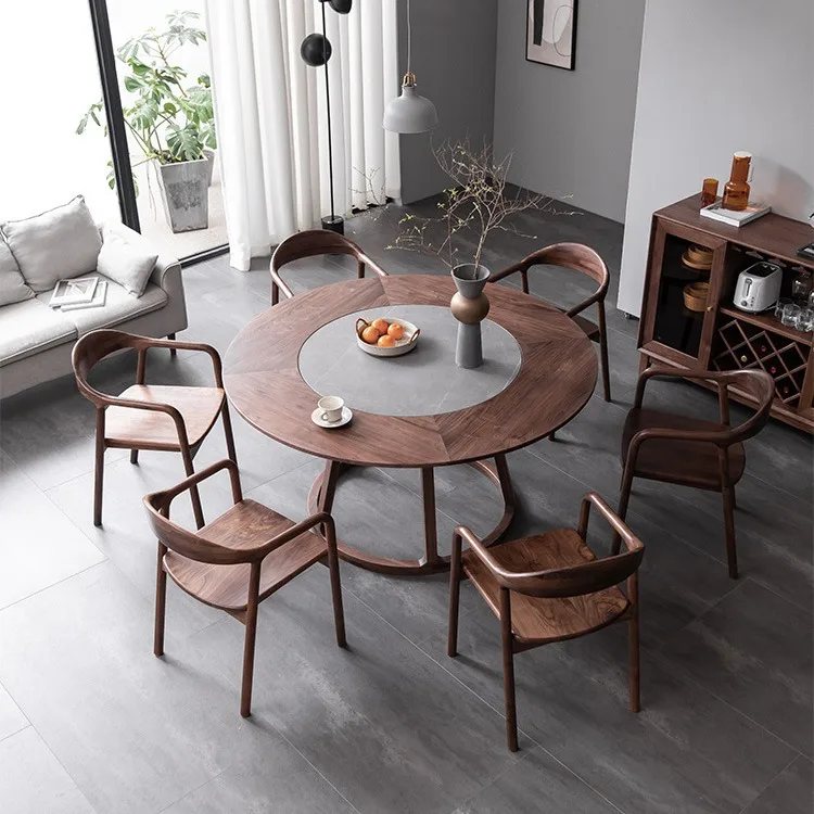 

Inlaid slate black walnut solid wood round family villa large round table