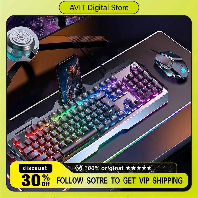 

EWEADN GX810 RGB Wired Keyboard Mechanical Feel Multifunctional Knob PC Business Office Laptop Gaming Keyboard Phone Holder